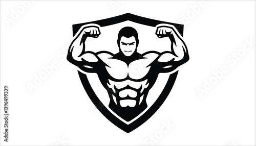 Muscular Bodybuilder Flexing Strength Logo Vector.