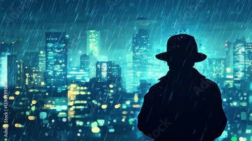 Wallpaper Mural Silhouette of person in hat with city skyline and rain at night. Torontodigital.ca