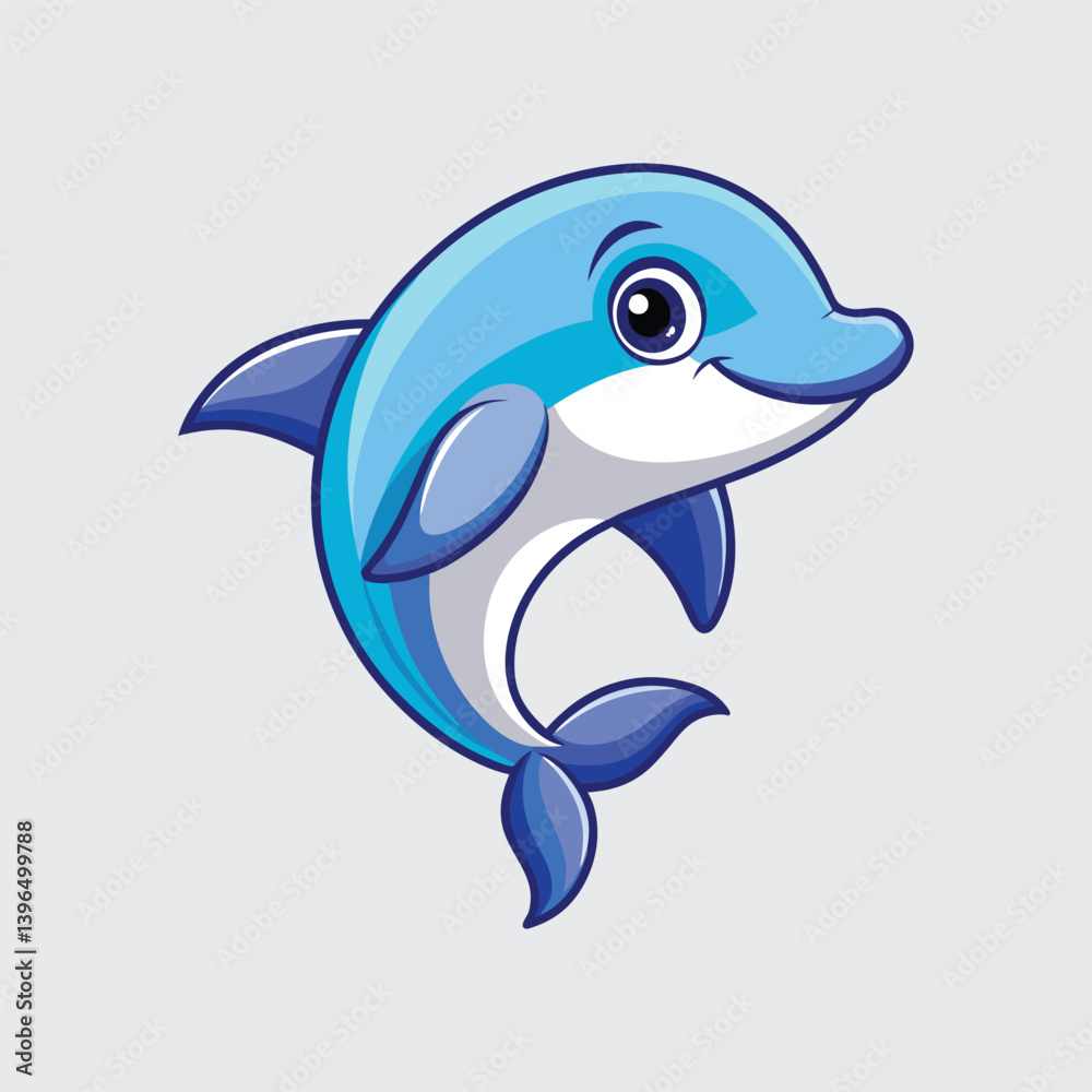 Fototapeta premium Cute cartoon dolphin, a blue marine mammal, swimming and jumping isolated on white