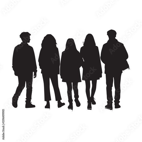 Group of teenagers high school students silhouette white Background