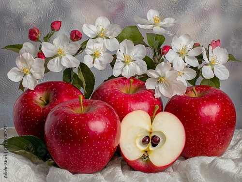 Red apples with apple blossoms, and still life. (1)