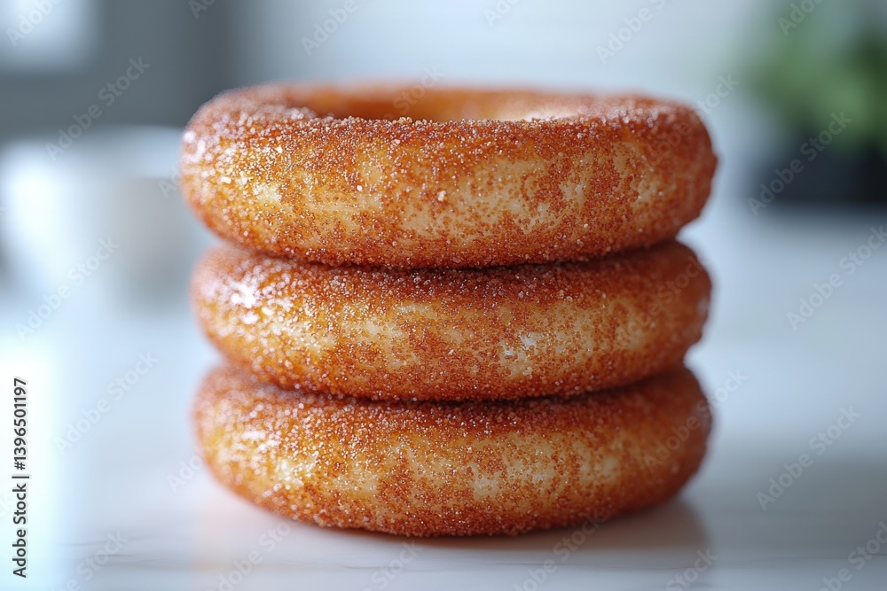 Three sugared doughnuts stacked on a counter Three sugared doughnuts stacked on a counter