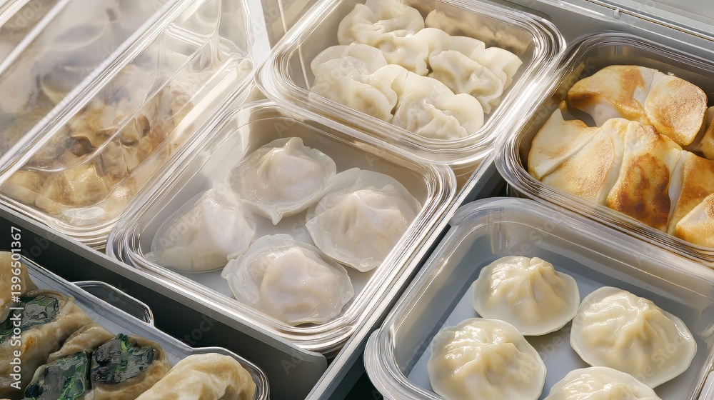 Assortment of dumplings in clear containers showcases diverse culinary delights, each a flavorful experience. Assortment of dumplings in clear containers showcases diverse culinary delights, each a flavorful experience.