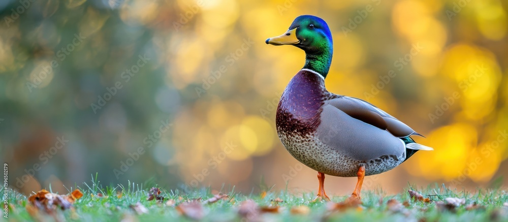 Fototapeta premium Vibrant Mallard Duck Strolling in Autumnal Light, a Serene Wildlife Moment