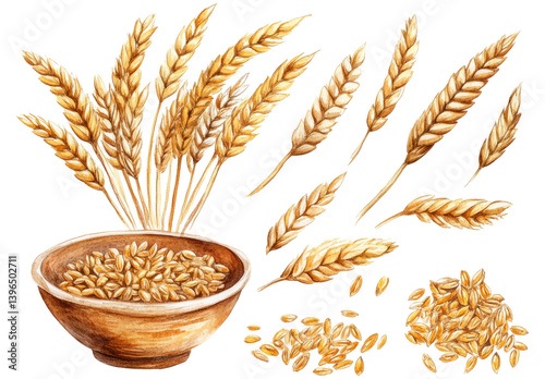 oat grains, oats isolated watercolor painting, realistic cereal plant, seeds. Agriculture harvesting wholegrain product	
