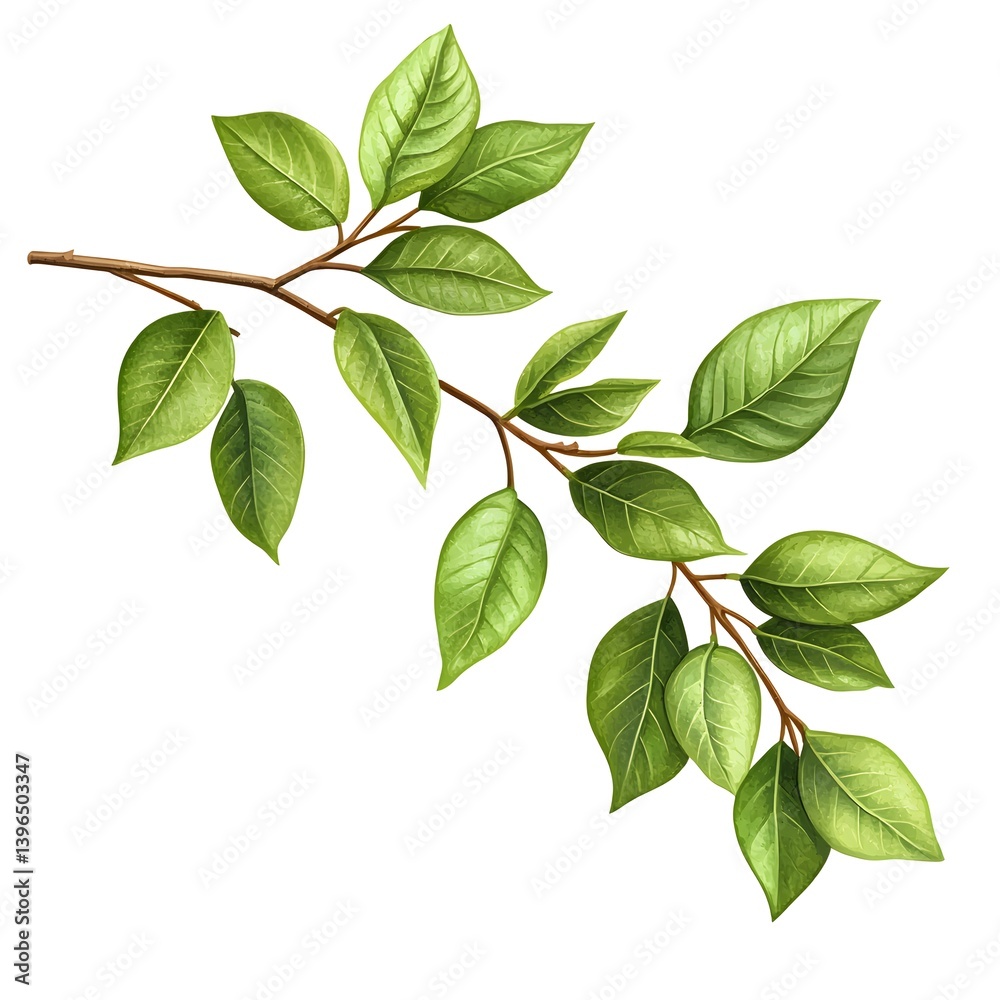 Fototapeta premium A small branch of green leaves, a clipart illustration with a transparent background.
