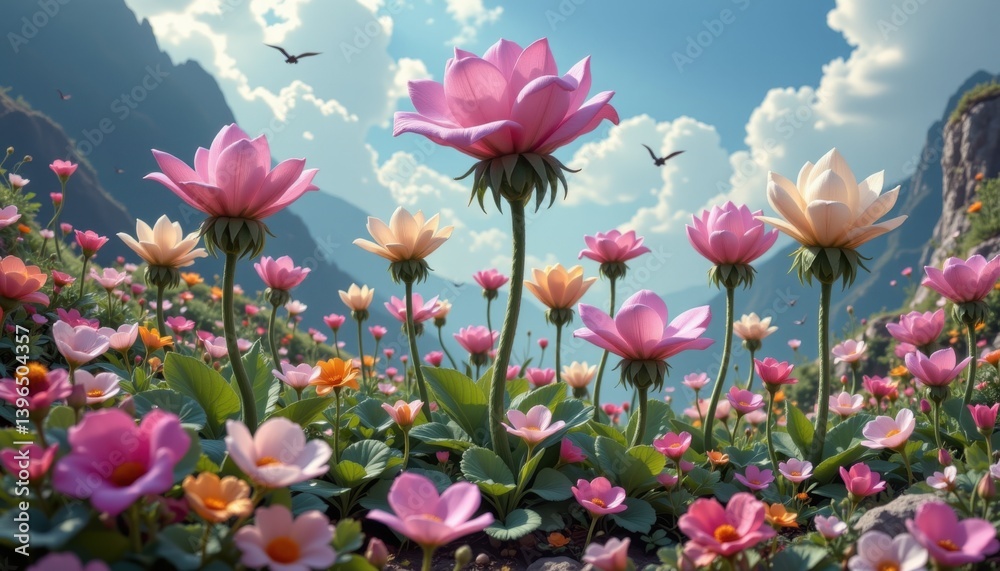 Fototapeta premium Fantasy Flora Uniquely shaped flowers resembling mythical creatures, thriving in a dreamy, surreal landscape.