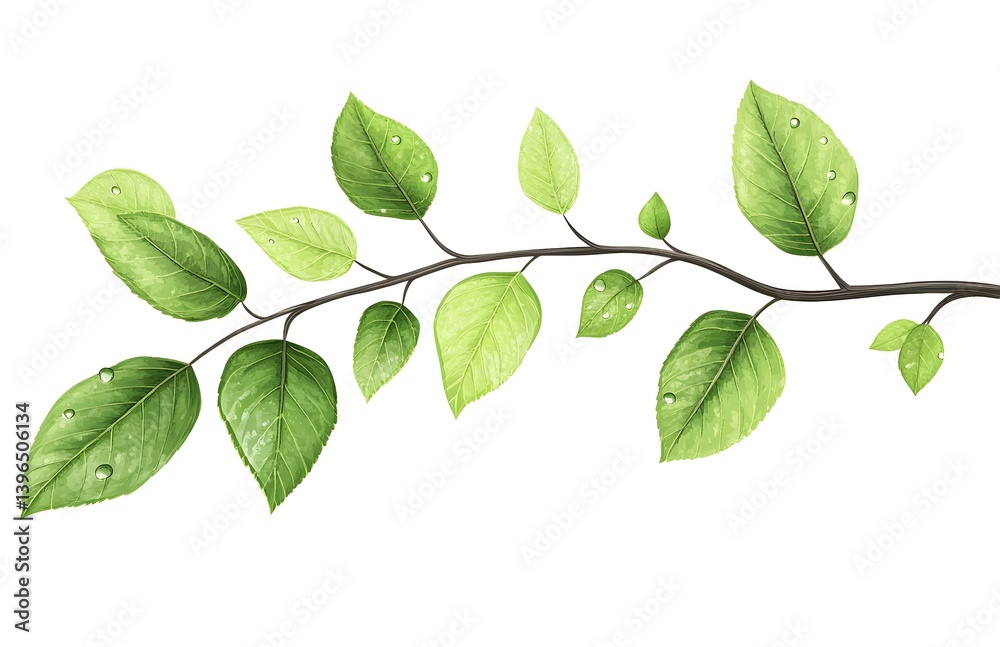 Green leaves on a branch, clipart with white background, Green leaves on a branch, clipart with white background,