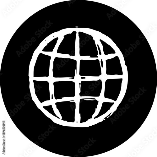 Stylized representation of a white globe icon within a circular black backdrop