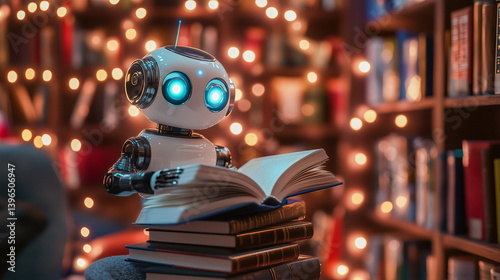 AI  robot reads a book in a library setting, machine learning