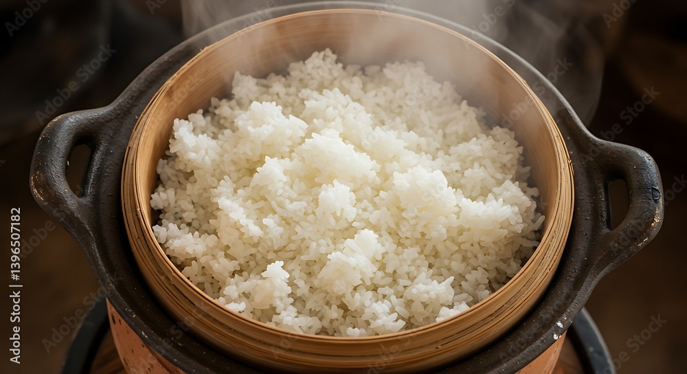 Steaming White Rice in a Wooden Basket with Dark Background Steaming White Rice in a Wooden Basket with Dark Background