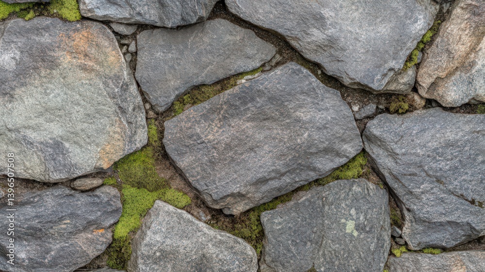 Obraz premium Close Up View of a Stone Wall Interspersed with Green Moss Showcasing Natural Textures and Earthy Tones Emphasizing Contrast and Harmony between Rock and Plant Life