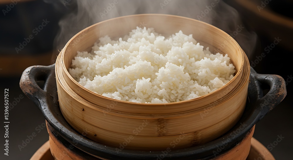 Steaming White Rice in Bamboo Steamer Pot for Healthy Eating Steaming White Rice in Bamboo Steamer Pot for Healthy Eating