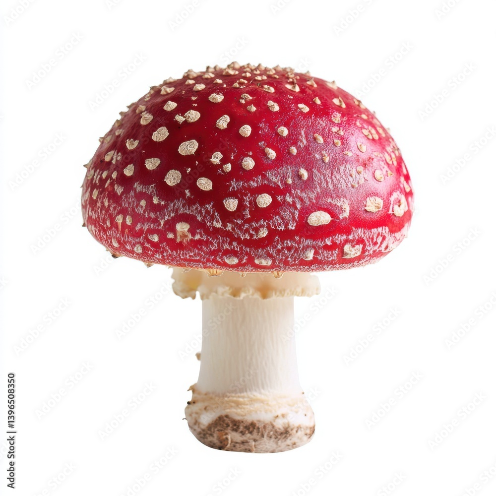 Obraz premium Isolated fly agaric mushroom with red cap and white spots detail isolated on white background
