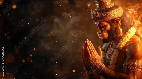 Hanuman Praying with Hands Folded Against a Warm Bokeh Background