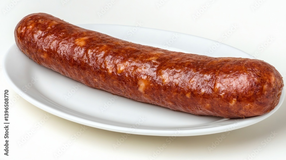 A Single Delicious Smoked Sausage on a White Plate A Single Delicious Smoked Sausage on a White Plate