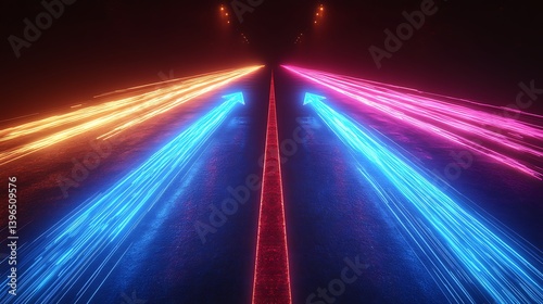 Navigating the Luminous Pathways: A visually stunning image showcases three dynamic streams of light converging into the distance, creating a captivating sense of motion and direction.