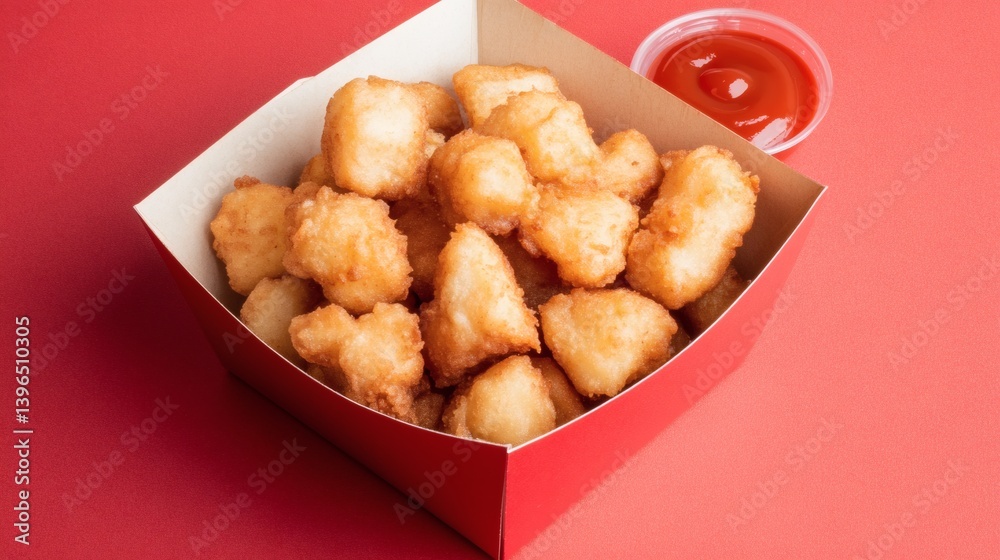 Crispy fried chicken nuggets in a red cardboard box. Crispy fried chicken nuggets in a red cardboard box.