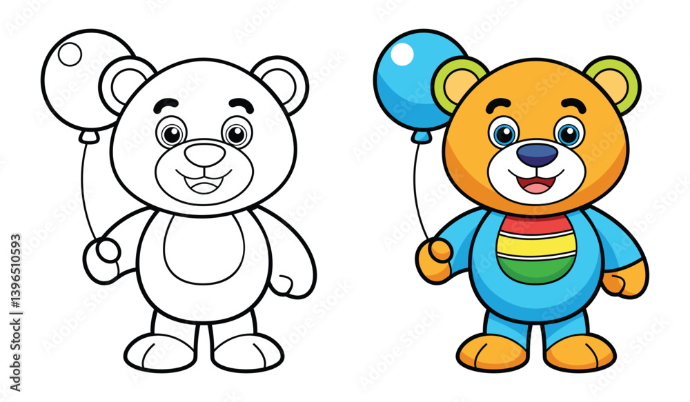 A Cheerful Cute Teddy Bear Holding A Balloon Coloring Page and Illustration - Printable Outline and Fully Colored Version For Preschool Learning Worksheet Drawing. A Cheerful Cute Teddy Bear Holding A Balloon Coloring Page and Illustration - Printable Outline and Fully Colored Version For Preschool Learning Worksheet Drawing.