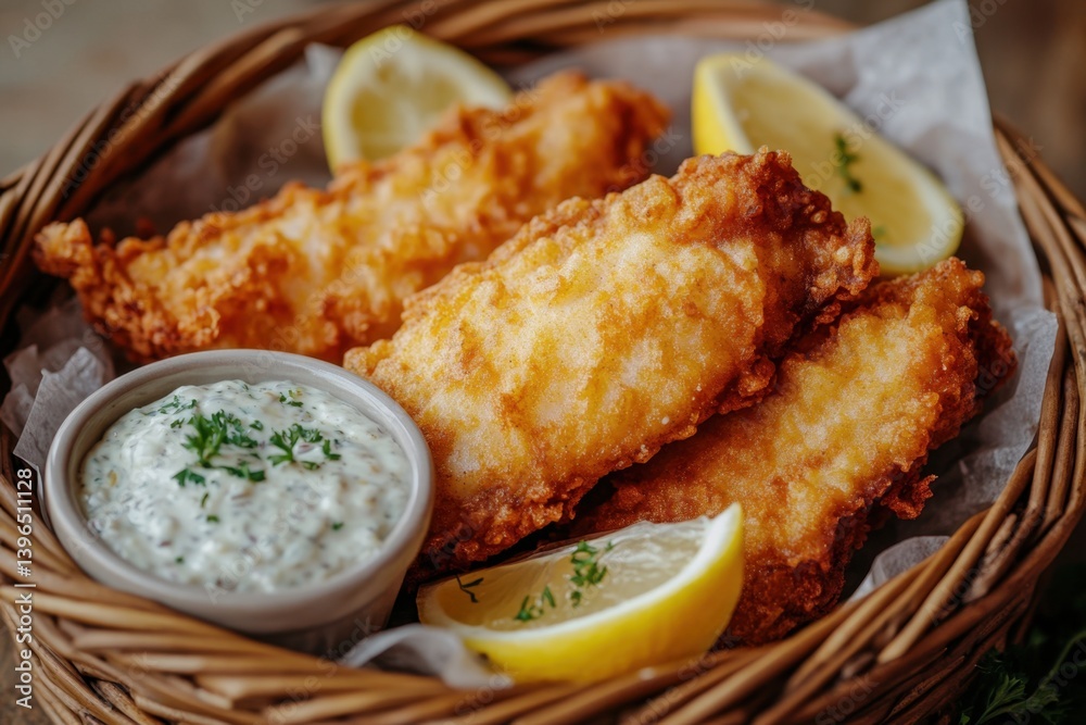 Golden, crispy fish and chips served in a woven basket with tartar sauce and lemon wedges. A classic pub fare presentation