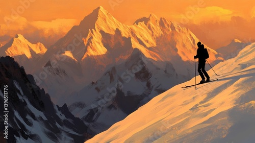 Hiker on snowy mountain ridge with distant peaks under warm sunset sky.