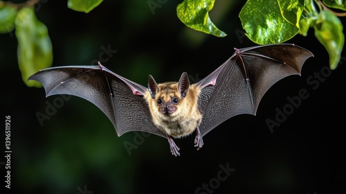 A captivating close-up of a brown bat with wings fully extended, suspended against a dark, leafy background