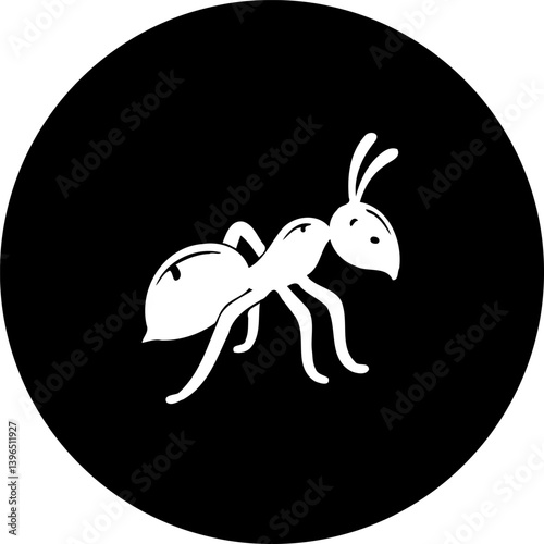 Stylized ant illustration on black circular background for diverse applications