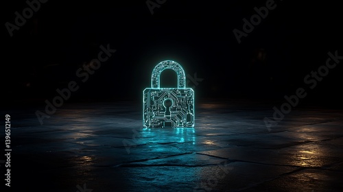 Digital Fortress: A glowing padlock symbolizes robust cybersecurity and data protection, standing guard in a futuristic, dimly lit digital realm.