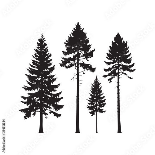 Collection of pine tree silhouettes .white Background.