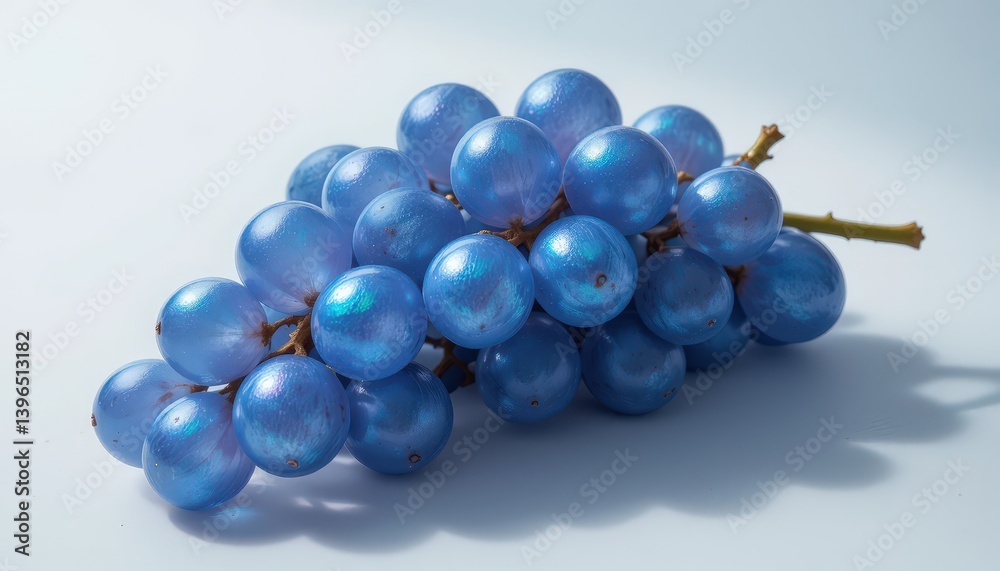 A vibrant bunch of plump, juicy grapes rests atop a smooth, rich blue background, showcasing their deep purple hues and glistening droplets of water, highlighting their freshness. A vibrant bunch of plump, juicy grapes rests atop a smooth, rich blue background, showcasing their deep purple hues and glistening droplets of water, highlighting their freshness.
