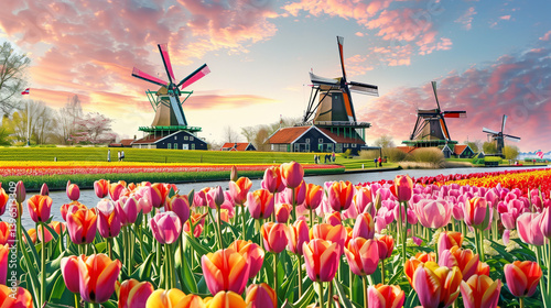 Immerses spectators in a mesmerizing realm adorned with vibrant tulips where ethereal allure of natural world intertwines flawlessly with ingenious marvels of windmill technology  photo