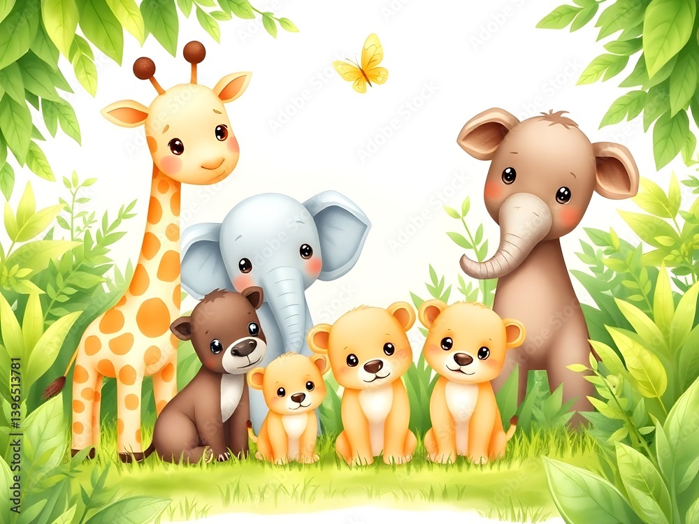 Naklejka premium Peaceful Jungle Scene with Baby Animals – Cute Wildlife Illustration for Children’s Decor