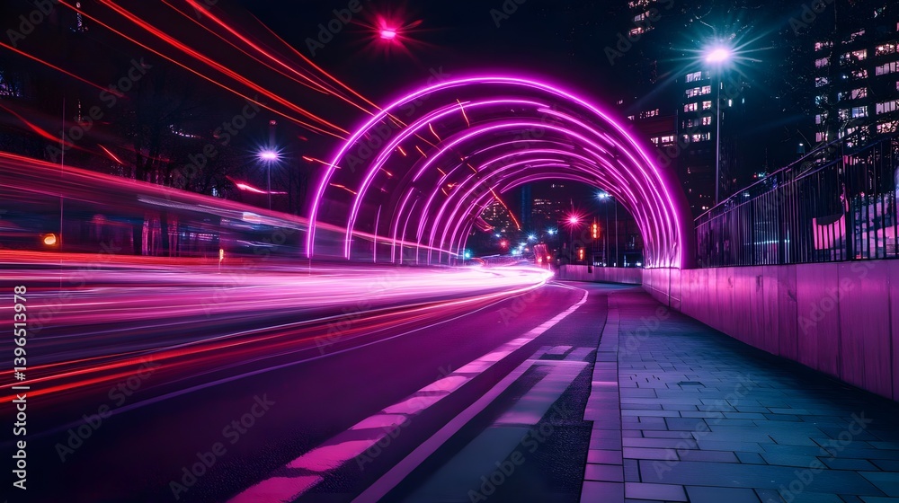 Vibrant Neon Tunnel with Purple Lights and Motion Blur at Night Vibrant Neon Tunnel with Purple Lights and Motion Blur at Night