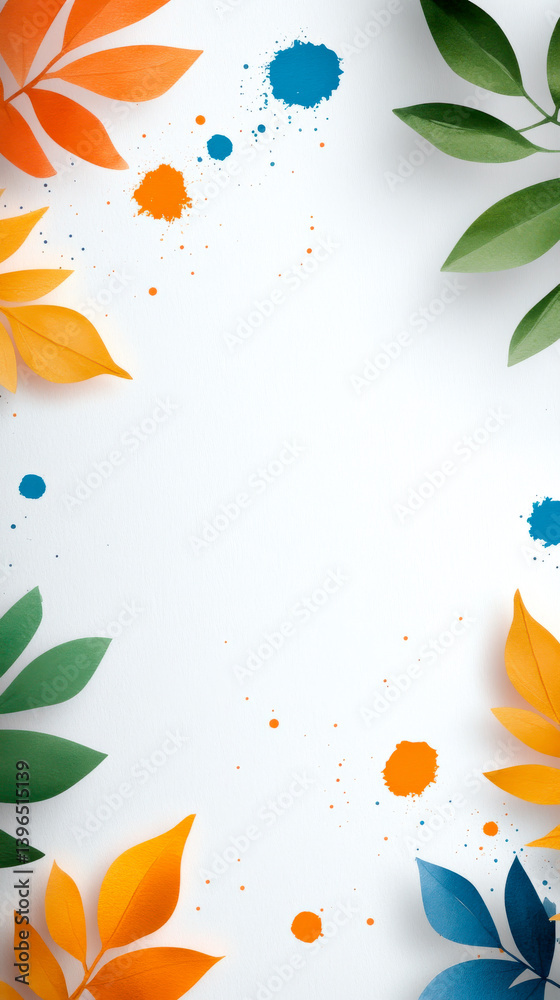 Obraz premium A colorful arrangement of leaves and splashes on a white background, creating a vibrant and fresh decorative frame.