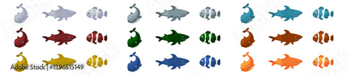 Vector colorful cartoon ocean fish set in different vibrant colors 