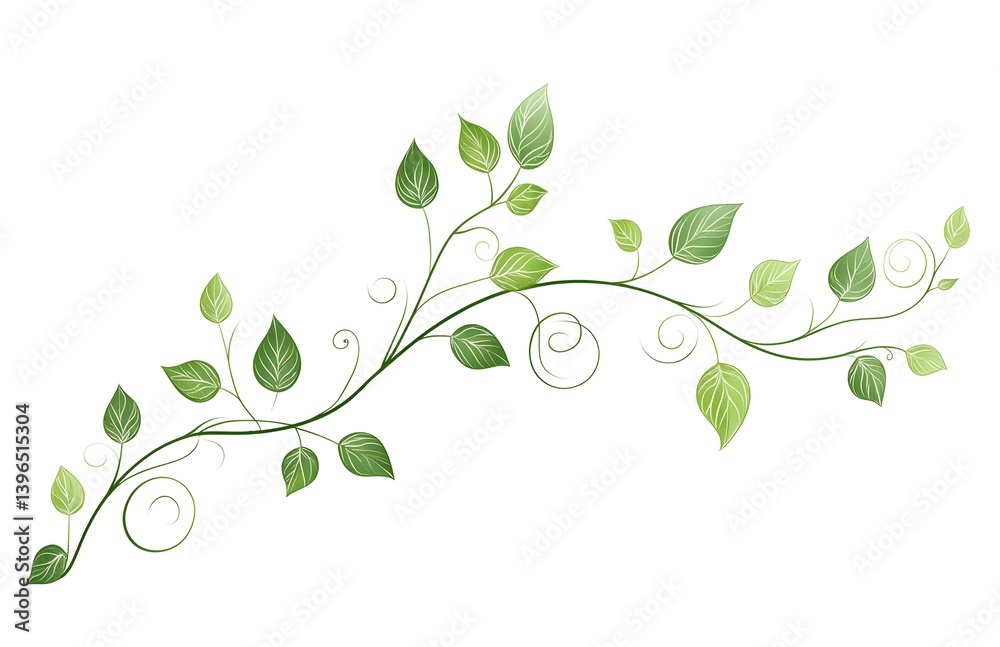 illustration of a green leafy branch with swirls on a white background illustration of a green leafy branch with swirls on a white background
