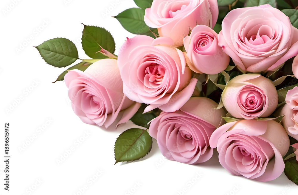 Pink Rose Flowers Corner Floral Arrangement Isolated White Background,Pink rose flowers and green leaves in a floral corner Pink Rose Flowers Corner Floral Arrangement Isolated White Background,Pink rose flowers and green leaves in a floral corner