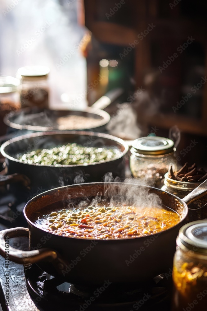 A pot of rich curry simmering softly, spices filling the air with warmth. Sunlight glimmers on jars of cumin, cardamom, and cinnamon