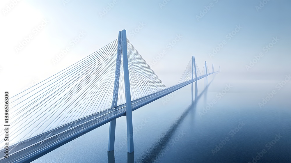 Fototapeta premium Long cable-stayed bridge spans over water under a bright sky.