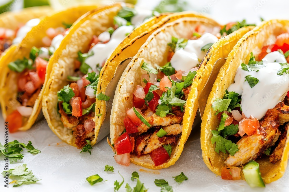 Close-up of delicious tacos filled with grilled chicken, fresh vegetables, and toppings Close-up of delicious tacos filled with grilled chicken, fresh vegetables, and toppings