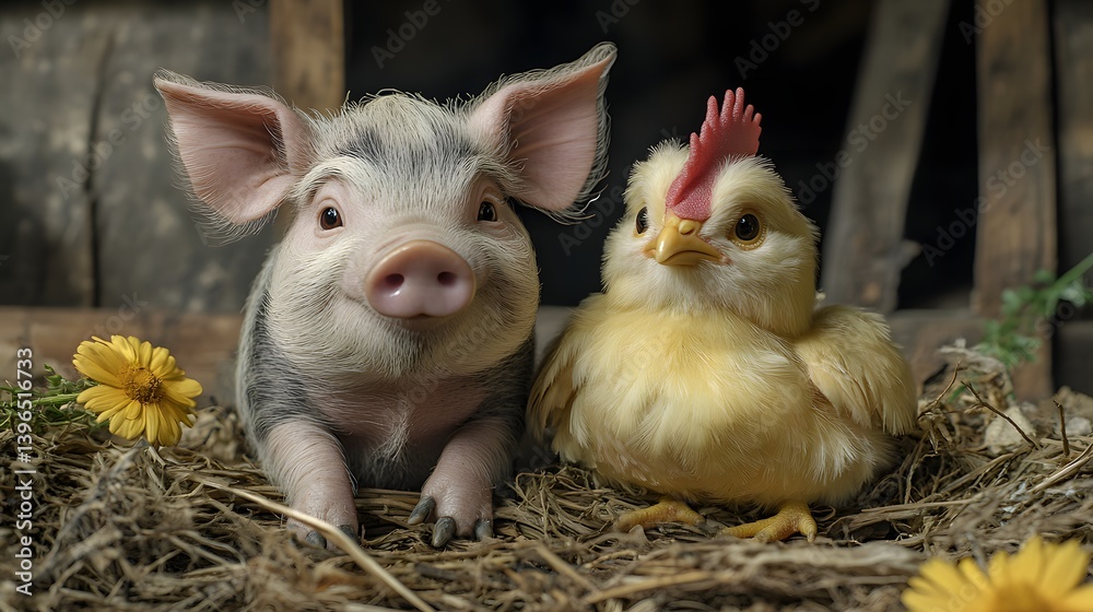 A heartwarming image of a piglet and chick nestled together in a hay nest. Their cuteness is undeniable! Adorable Piglet and Chick in Hay Nest A heartwarming image of a piglet and chick nestled together in a hay nest. Their cuteness is undeniable! Adorable Piglet and Chick in Hay Nest