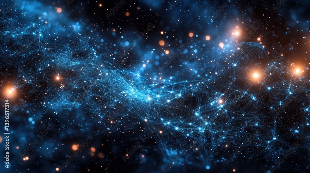 A vibrant cosmic scene featuring interconnected blue networks and bright stars against a dark backdrop, evoking a sense of vastness and mystery. A vibrant cosmic scene featuring interconnected blue networks and bright stars against a dark backdrop, evoking a sense of vastness and mystery.