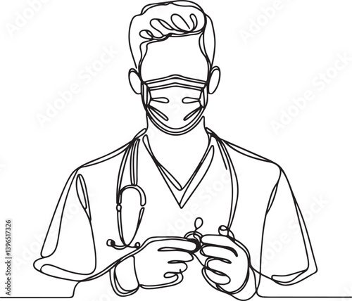 Healthcare Worker Mask Adjustment Line Drawing Vector