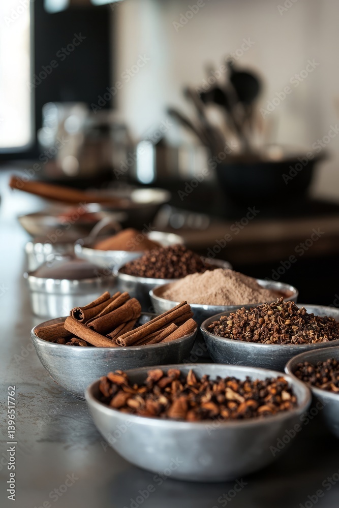Bowls of cinnamon, cloves, and saffron neatly arranged on the table, their scents mingling in the warm air. The kitchen hums softly with the sound of cooking