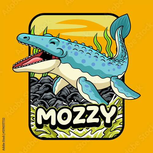 Fototapeta Cute mosasaurus Aquatic Dinosaur Character Mascot in Vector Cartoon Illustration