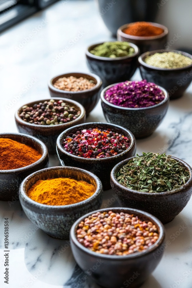 Bowls of vibrant spices scattered across the counter, each scent blending into the air. The pot simmers quietly, filling the kitchen with warmth Bowls of vibrant spices scattered across the counter, each scent blending into the air. The pot simmers quietly, filling the kitchen with warmth