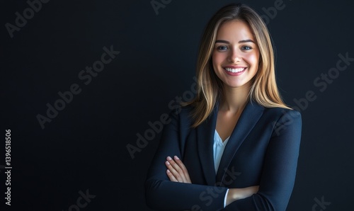 Confident professional woman with a warm smile, arms crossed, against a dark background. She’s wearing a dark suit and white shirt