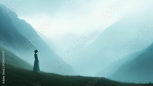 Person stands on a grassy hill overlooking misty mountains in a valley.