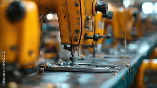 Yellow sewing machines in a factory line, focused on needle and presser foot