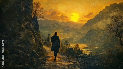 Person walks on path through valley at sunset.